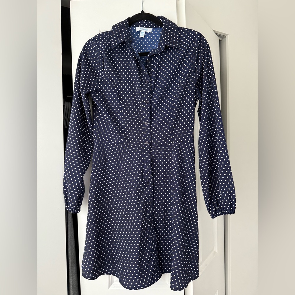 Elegant Navy Polka Dot Long Sleeve Dress